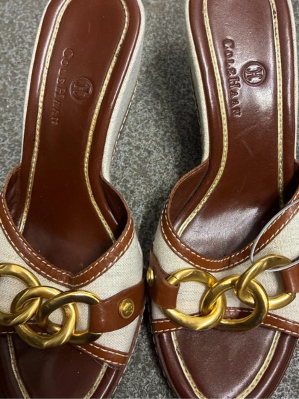 Cole Haan Brown and Cream Leather-Trim Chain-Accent Slide Mules